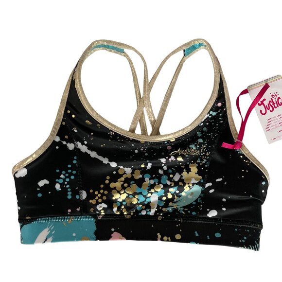 Justice Girls Reversible Sports Bra Black Gold Shiny Size Large 12/14 New - Picture 2 of 12